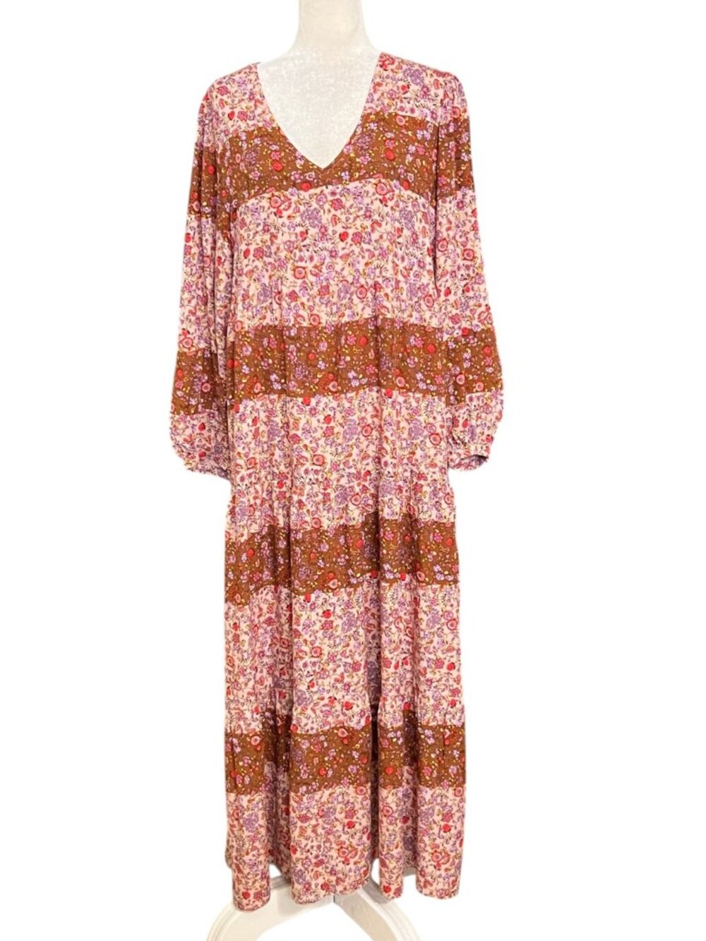 Southern Cotton Floral Boho Maxi Dress Medium Pink Brown Tiered Prairie Cottagec - Picture 2 of 8
